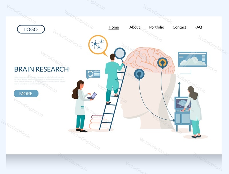 Векторный шаблон веб-сайта Brain research, дизайн веб-страницы и целевой страницы для разработки веб-сайтов и мобильных сайтов. Медицинское исследование заболеваний головного мозга, томография головы, диагностика неврологического обследования.