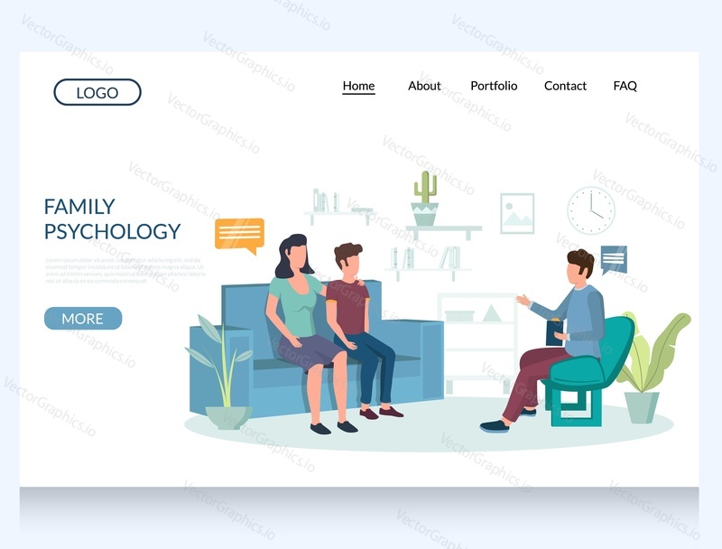 Family psychology vector website template, web page and landing page design for website and mobile site development. Psychologist talking to mother and her son. Family psychotherapy counseling concept