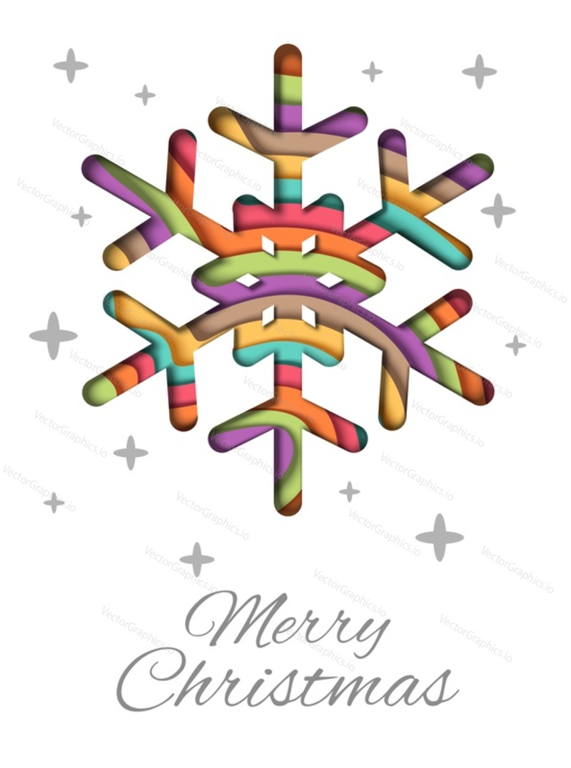 Merry Christmas greeting card vector template. Layered paper cut colorful snowflake and Merry Christmas hand lettering.