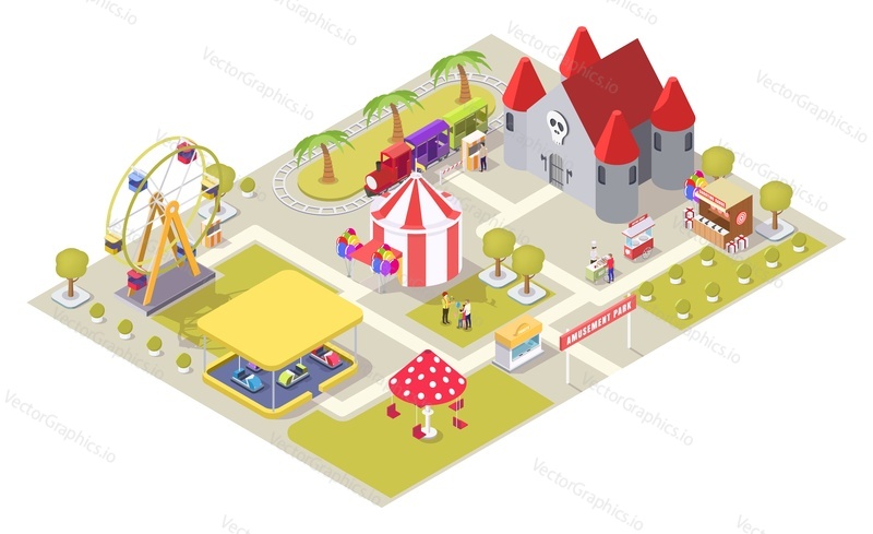 Amusement park vector flat isometric composition with carousel medieval castle ferris wheel circus tent shooting range bumper cars train ride areas, cotton candy and hot dog carts, ticket office.