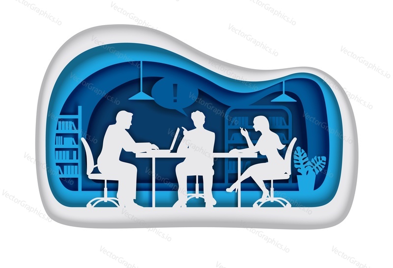 Group of business people silhouettes having meeting, discussion, brainstorming while sitting at table, vector illustration in paper art craft style. Business office concept for banner, website page.