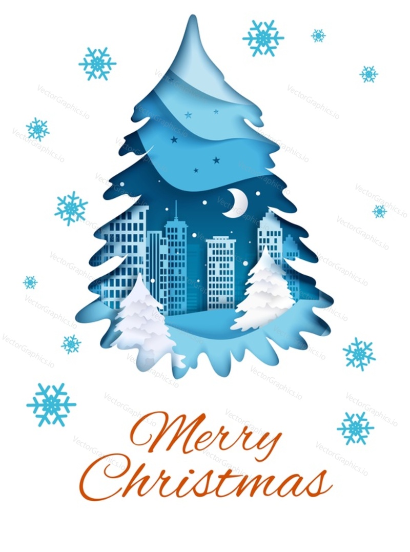 Merry Christmas greeting card vector template. Layered paper cut style Christmas tree with winter night city skyline inside, snowflakes and Merry Christmas hand lettering.