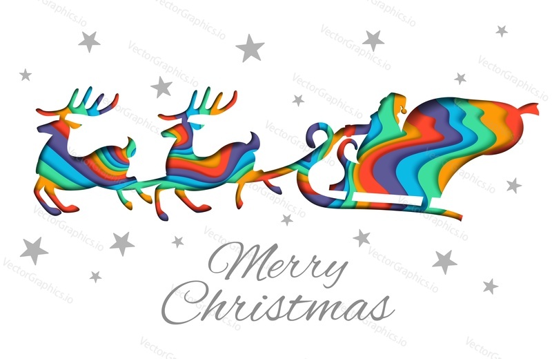 Merry Christmas greeting card vector template. Layered paper cut colorful Santa riding sleigh with reindeer silhouettes, snowflakes and Merry Christmas hand lettering.