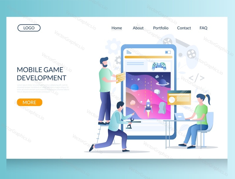 Gaming apps development vector website template, web page and landing page design for website and mobile site development. Mobile game programming concept with developers creative team.