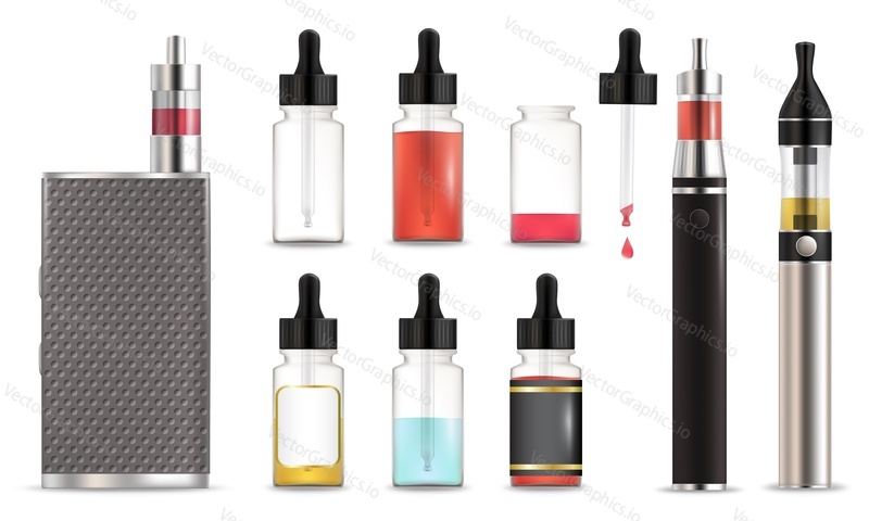 Smoking alternative vape and e-liquid bottle icon set, vector illustration isolated on white background. Electronic devices for smoking. Vaper, vaping cigarettes and liquids.