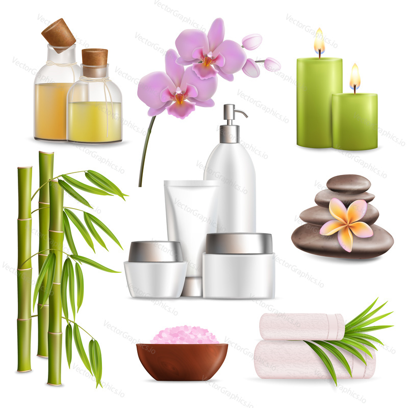 Spa salon accessories set, vector realistic illustration isolated on white background. Bamboo stalks with leaves, salt, stones, massage oil, cosmetics, towels, aroma candles and flowers.