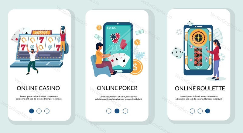 Online casino, poker, roulette mobile app onboarding screens. Menu banner vector template for website and application development. Internet casino gambling.