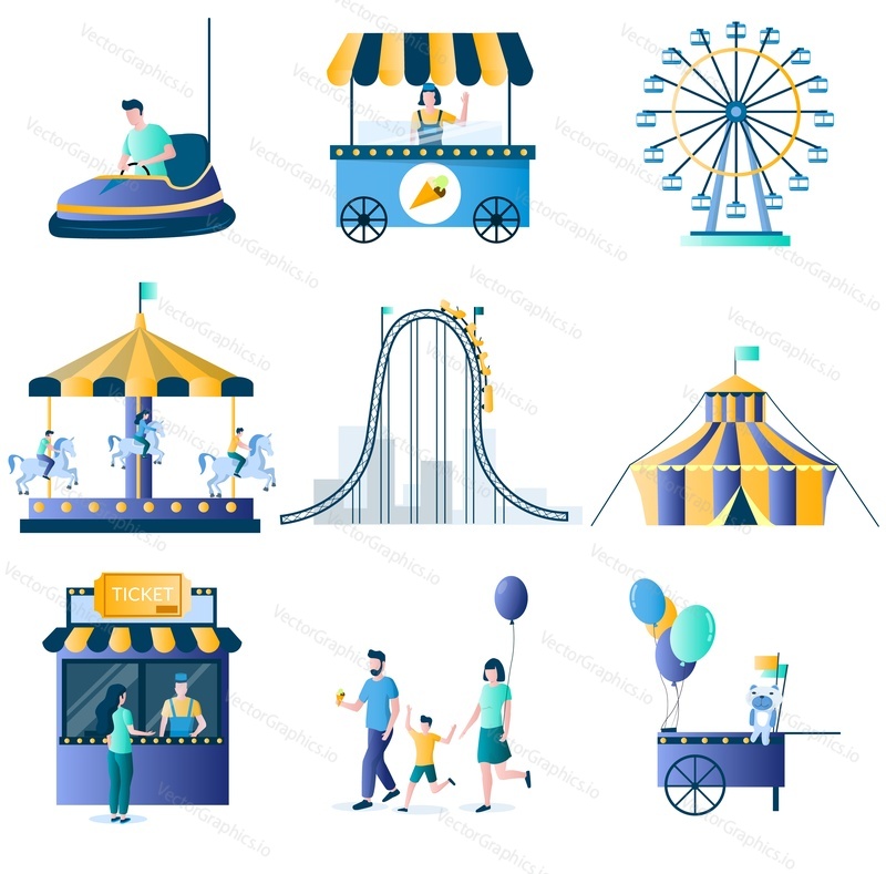 Amusement park vector flat icon set with circus tent, roller coaster, carousel, ferris wheel, bumper cars attractions, ice cream cart, ticket office and happy family with balloon and ice-cream.