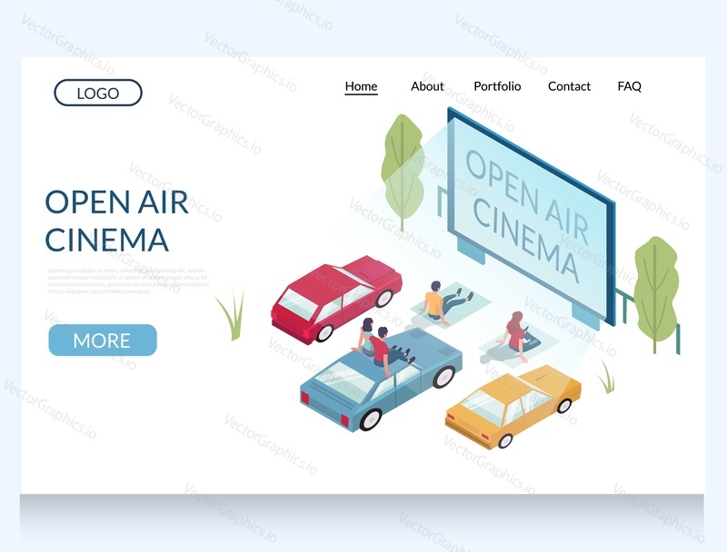 Open air cinema vector website template, web page and landing page design for website and mobile site development. Outdoor movie theater, drive-in cinema concept with characters.