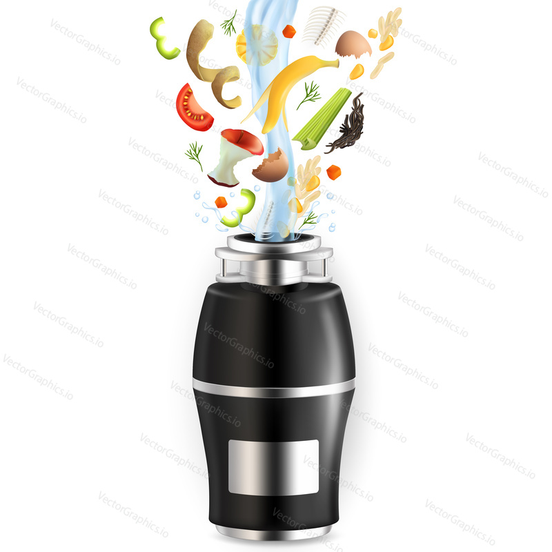 Food waste disposer for home kitchen sink with slices of fruits, vegetables and other kitchen scraps falling into it with water, vector realistic illustration isolated on white background.