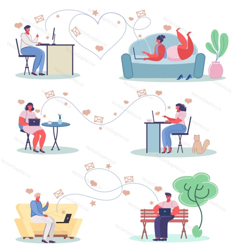 Online dating concept vector flat illustration set, romantic couples communicating texting love messages using laptop computers. Homosexual relationship.