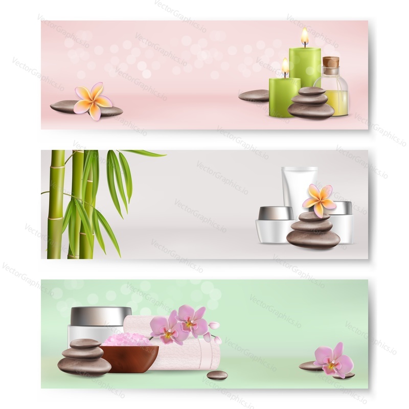 Spa center horizontal banner vector template set. Realistic illustration of bamboo stalks with leaves, aroma candles, soil, massage oil, stones and flowers. Spa beauty salon cards, web banners.