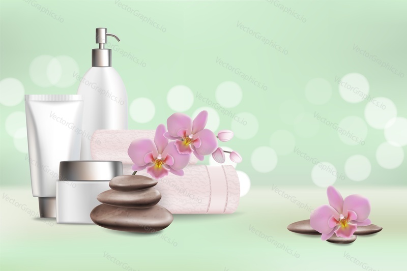 Spa and beauty salon vector poster design template with realistic cosmetics, stones, orchid flowers and copy space.