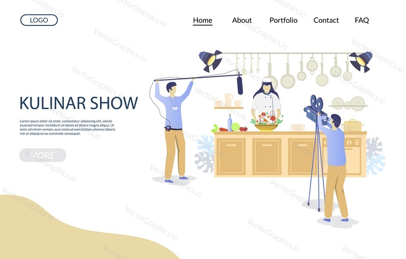 Kulinar show vector website template, web page and landing page design for website and mobile site development. Cooking tv show concept with characters female chef and two cameramen.