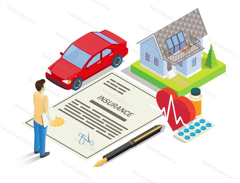 Insurance services vector illustration. Isometric car, house, insurance policy, money, pen, heart with medicaments and male character. Auto, home, health insurance concept for banner, website page etc