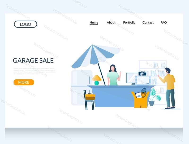 Garage sale vector website template, web page and landing page design for website and mobile site development. Yard, tag or moving sale concept with characters.