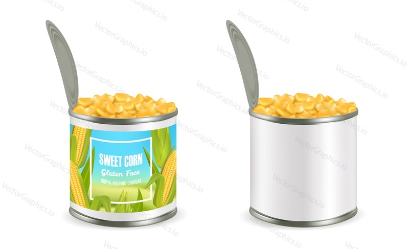 Canned sweet corn organic product package mockup set, vector illustration isolated on white background. Realistic opened tin cans with label and without it.