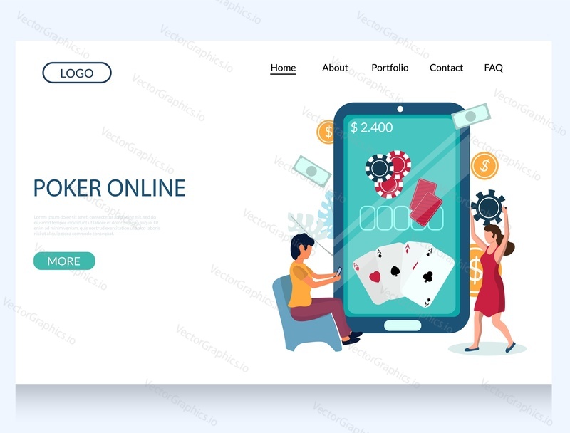 Poker online vector website template, web page and landing page design for website and mobile site development. Huge smartphone and female characters playing internet casino poker game.
