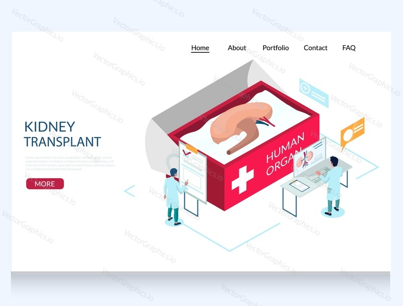 Kidney transplant vector website template, web page and landing page design for website and mobile site development. Human organ donation isometric composition with donor kidney in box and doctors.