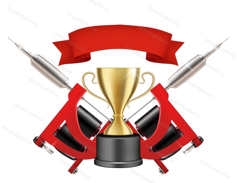 Tattoo championship emblem, logo, vector illustration. Realistic gold trophy cup, two red crossed tattoo machines and ribbon composition for tattoo artists competition, body art event.