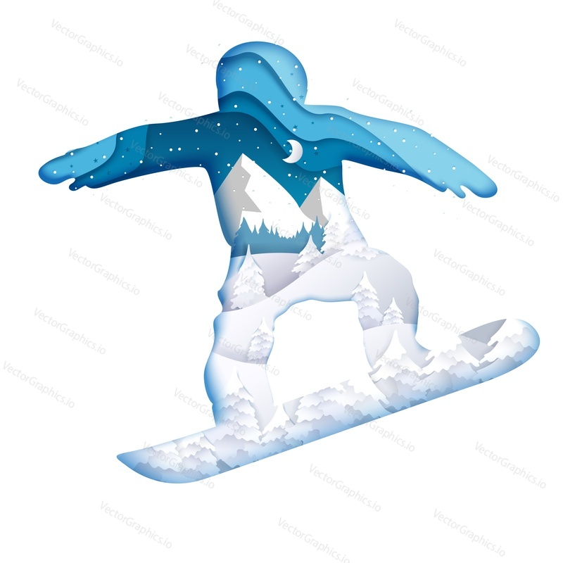 Double exposure vector layered paper cut snowboarder silhouette with winter night nature landscape inside. Winter sports trendy composition for card, poster, banner, website page etc.