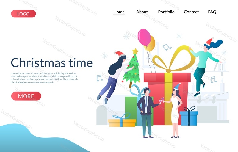 Christmas time vector website template, web page and landing page design for website and mobile site development. Huge gift boxes and happy micro male and female characters celebrating corporate party