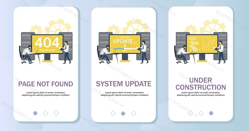 Page not found, system update and under construction mobile app onboarding screens. Menu banner vector template for website and application development.
