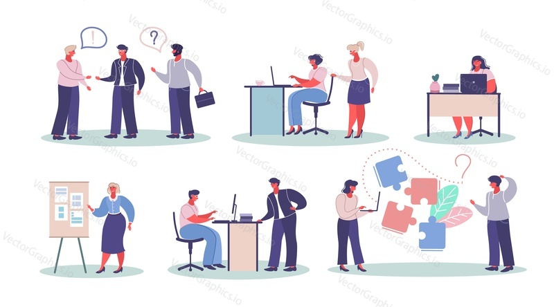 Workers male and female characters in different office situations, vector flat isolated illustration. Business people working on laptop computers, giving presentation, having discussion, brainstorming