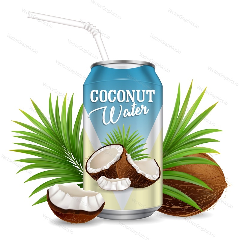 Coconut water vector illustration. Realistic composition of organic drink in aluminium can, cocos, palm leaves for poster, banner, etc. Refreshing coconut juice packaging.