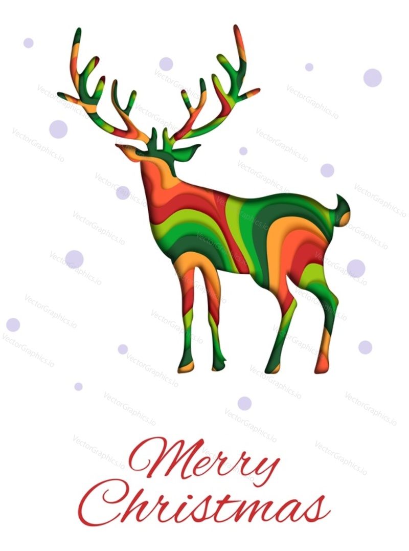 Merry Christmas greeting card vector template. Layered paper cut colorful reindeer silhouette, snowflakes and Merry Christmas hand lettering.