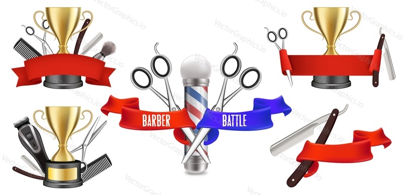 Barber competition logo, emblem set with gold trophy award, hairdresser tools, vector illustration isolated on white background. Barber battle show festival labels.