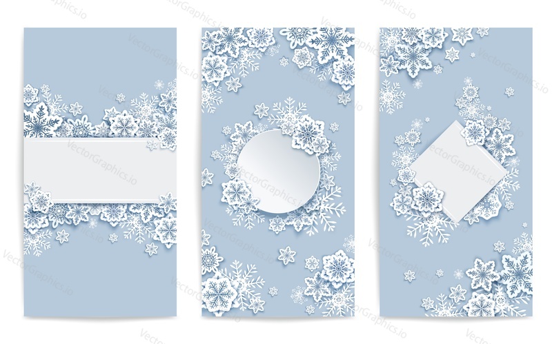 Merry Christmas and Happy New Year poster vector template set with beautiful white paper cut snowflakes on blue background, copy space.