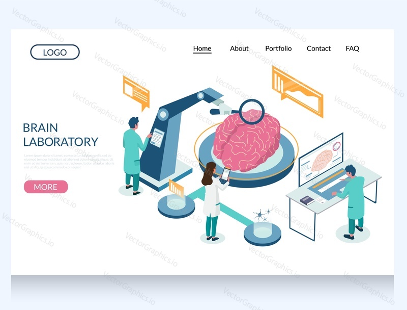 Brain laboratory vector website template, web page and landing page design for website and mobile site development. Brain health screenings and diagnosis tests, psychology, head tomography.