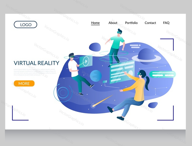 Virtual reality vector website template, web page and landing page design for website and mobile site development. VR technology for entertainment, education, traveling.