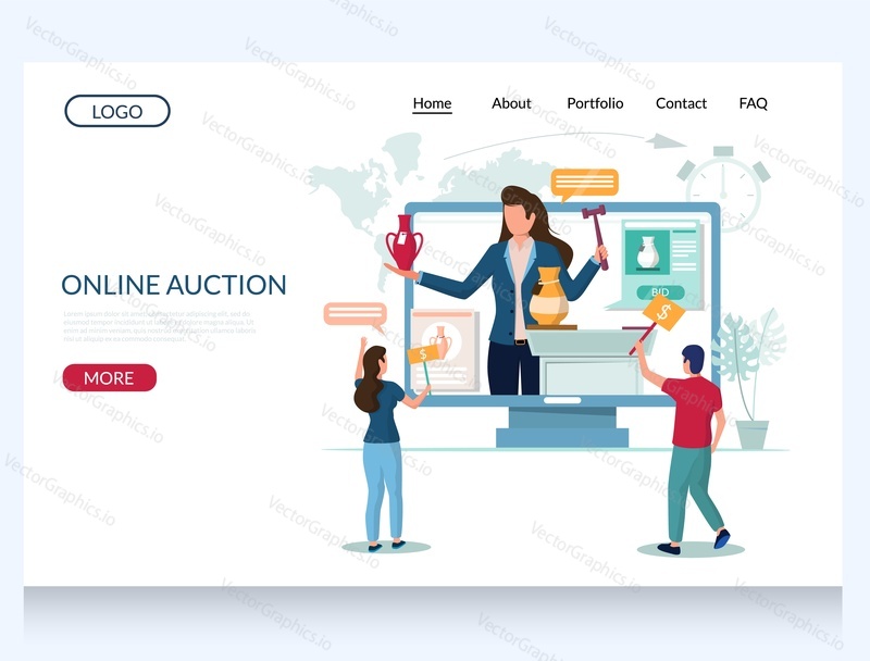 Online auction vector website template, web page and landing page design for website and mobile site development. Huge computer with auctioneer selling antique vase micro characters buyers making bids
