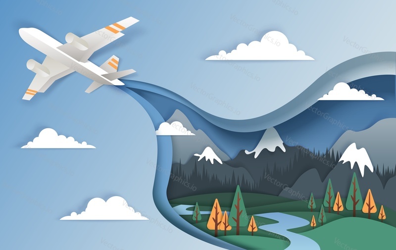 Airplane flying above forest, mountains and river, aerial view vector illustration in paper craft art style design. Travel by air concept for poster banner, website page etc.