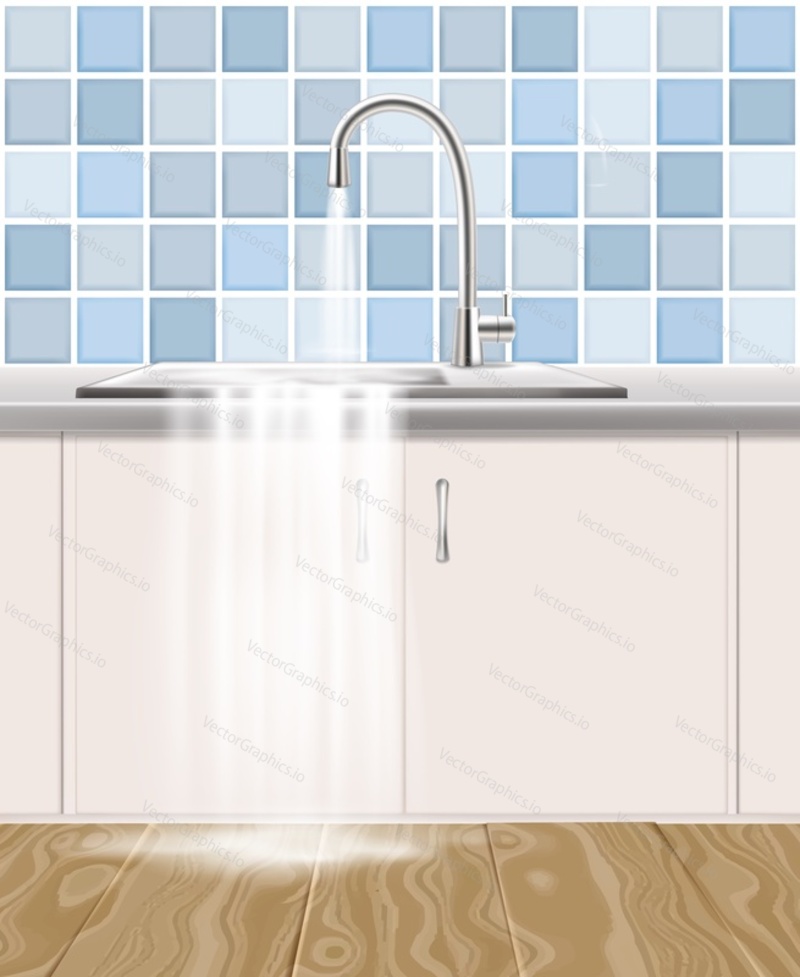 Water leaking out of kitchen sink, vector realistic illustration. Clogged waste pipe, plumbing accident concept.