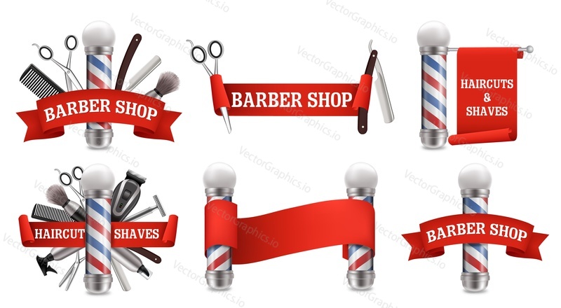 Barbershop logo, label, emblem set, vector realistic illustration isolated on white background. Haircut and shaves, beard grooming.