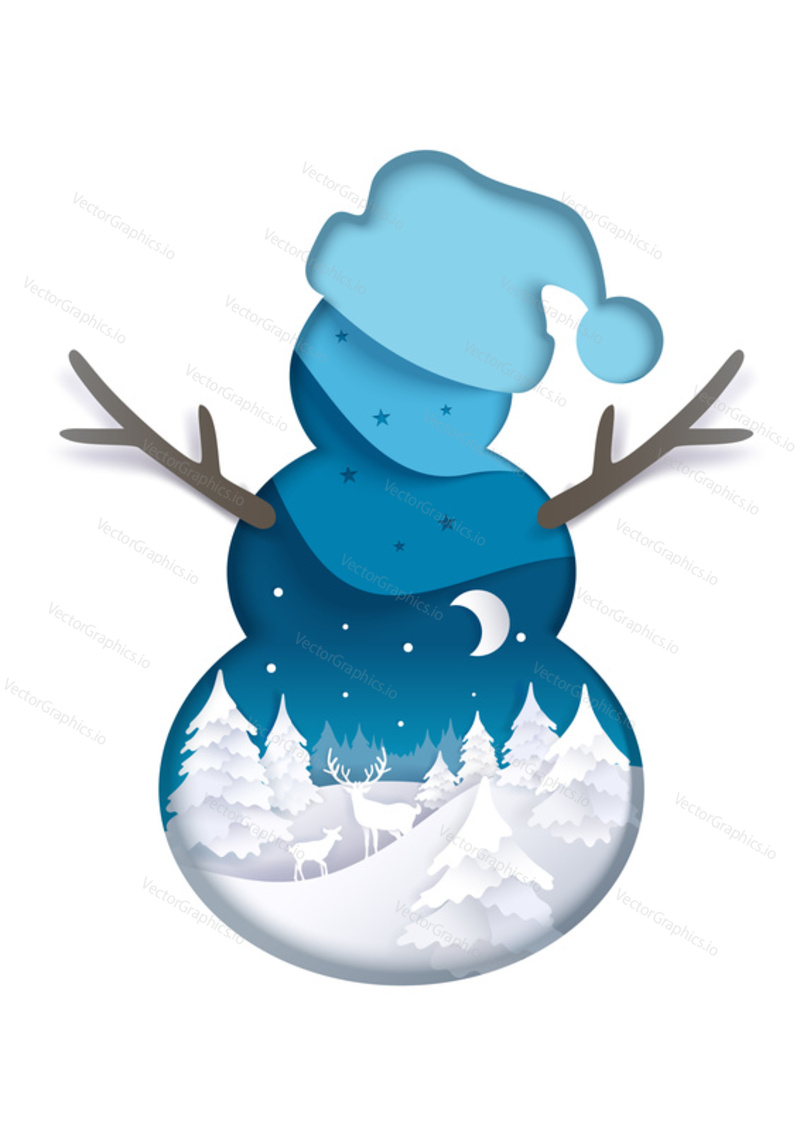 Double exposure vector layered paper cut snowman silhouette with winter night forest landscape inside. Winter trendy composition for greeting card, poster, banner, website page etc.