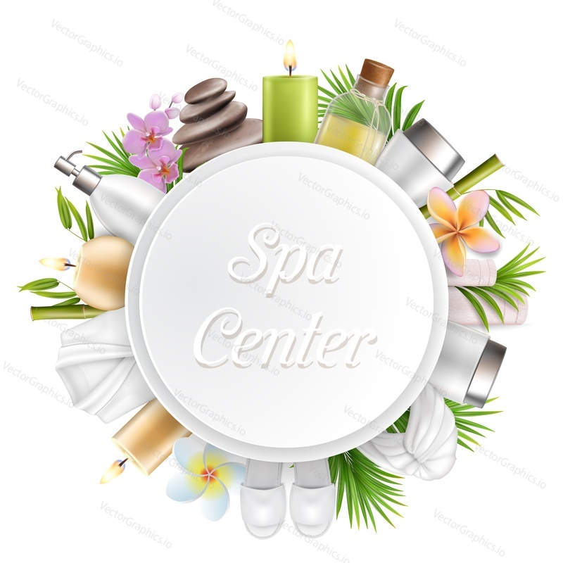 Spa salon round frame, vector illustration. Spa center card, label template with skin care and beauty accessories bamboo stalks, palm leaves, stones, massage oil, cosmetics, towels, aroma candles etc.