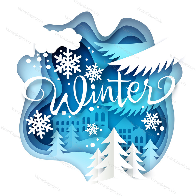 Winter layered paper art style vector illustration. Beautiful seasonal composition with paper cut city skyline, snowy trees and snowflakes. Winter creative hand lettering typography.