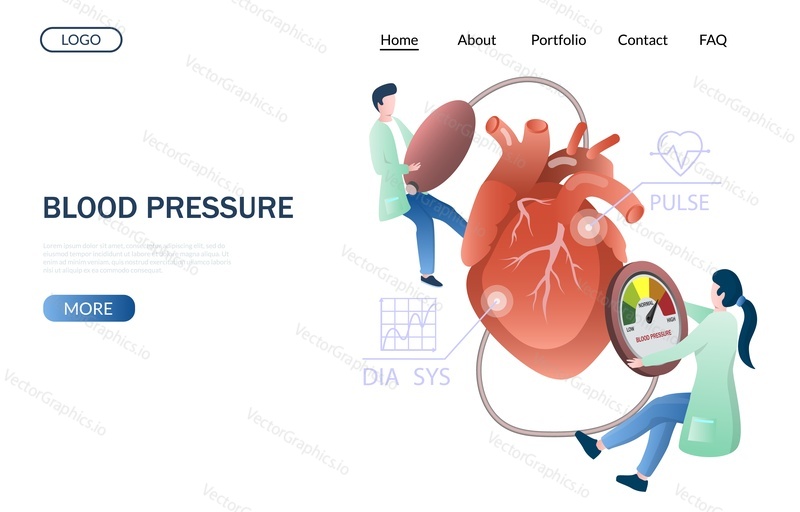 Blood pressure vector website template, web page and landing page design for website and mobile site development. Cardiology, hypotension and hypertension disease, sphygmomanometer.