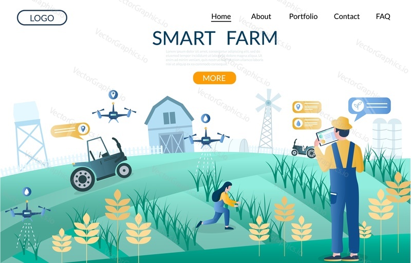 Smart farm vector website template, web page and landing page design for website and mobile site development. Unmanned aerial vehicles drones, iot smart farming technology in agriculture.