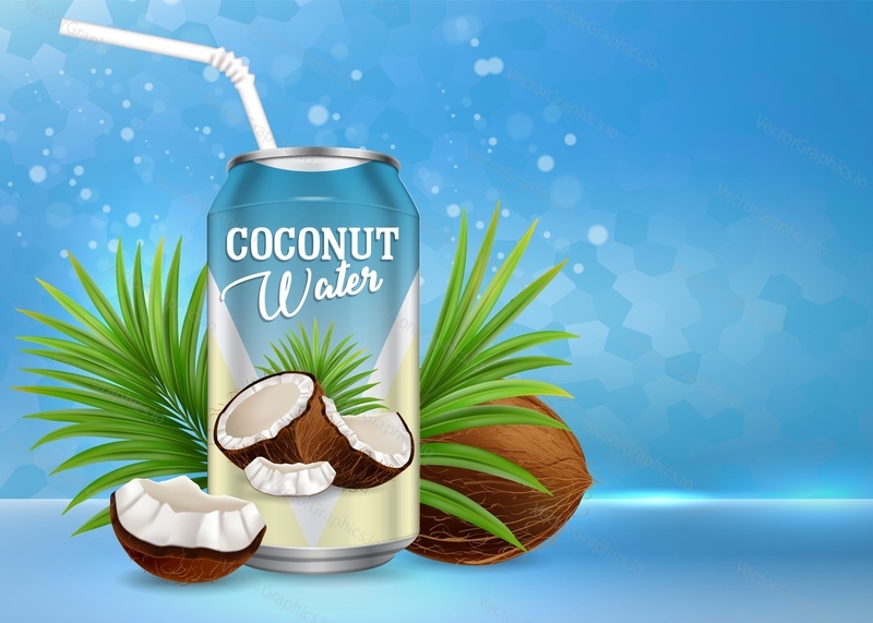 Coconut water poster banner template. Vector realistic composition of organic drink in aluminium can, cocos, palm leaves and copy space. Naturally refreshing coconut juice advertising.