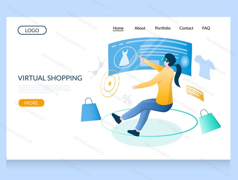 Virtual shopping vector website template, web page and landing page design for website and mobile site development. Virtual reality and online shopping.