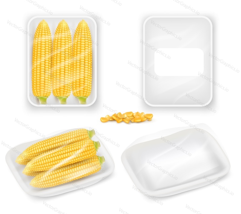 White empty and with corn food packaging tray wrapped with polyethylene film mockup set. Vector realistic illustration isolated on white background.