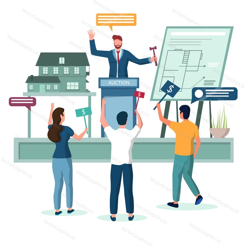 Real estate house auction vector concept illustration. Auctioneer calling out prices with gavel in hand, bidders offering prices. Property buying and selling composition for web banner, website page.