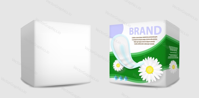 Realistic white blank and with label sanitary napkins packaging box mockup set, vector isolated illustration. Feminine hygiene pads pack templates for brand advertising poster, banner.