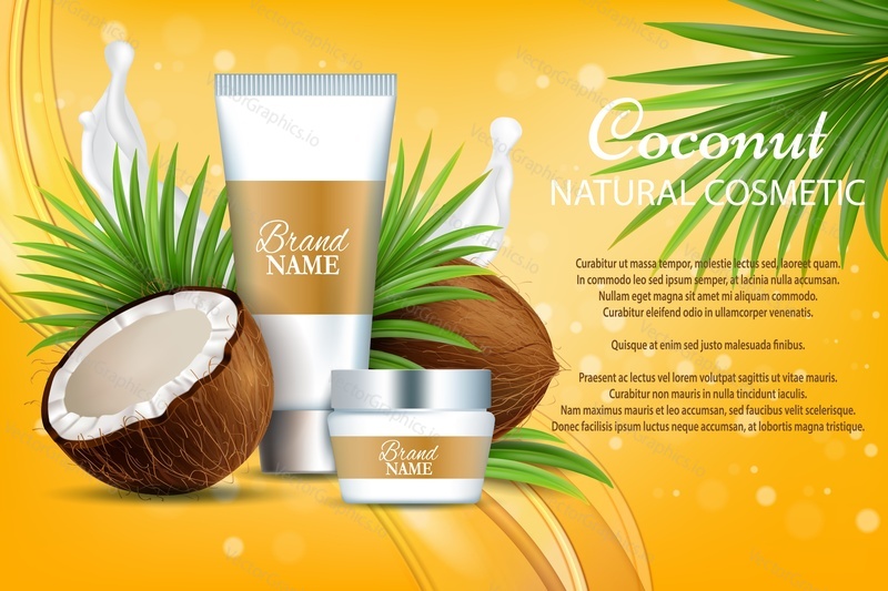 Coconut natural cosmetics, vector poster template. Realistic whole half coco, cream tube, jar, palm leaves. Organic coconut beauty skin care cosmetic product brand advertising composition with text.