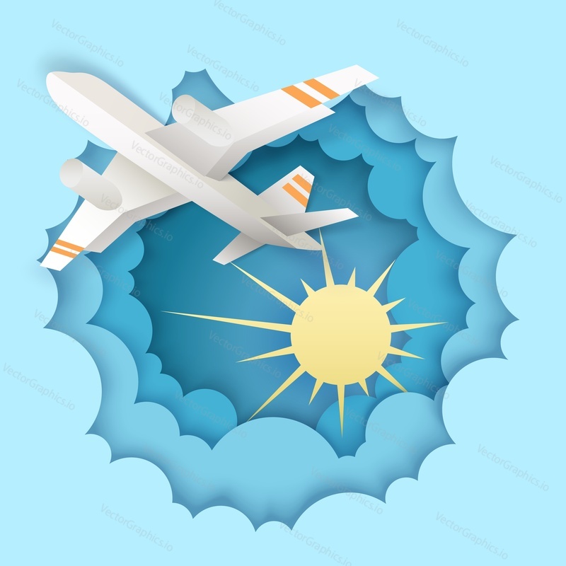 Airplane flying high in layered paper cut sky, vector illustration in modern origami craft style. Traveling, tourism, flight tour concept.
